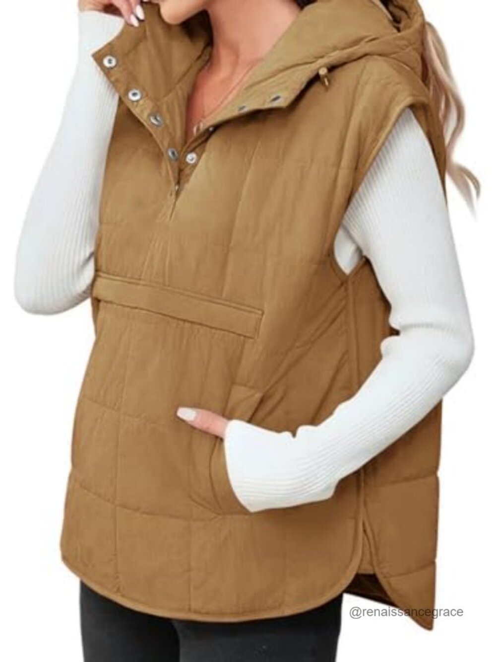 Quilted Puffer Vest Sleeveless Hoodie with Kangaroo Pockets Fall Winter